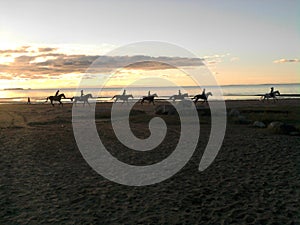 A string of riders on a sunset beach