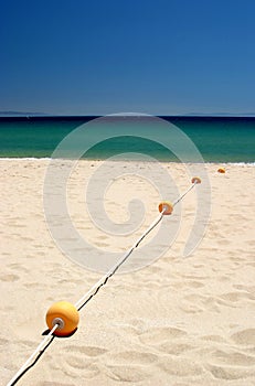 String of yellow buoys on sunny, sandy beach