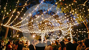Strings of fairy lights crisscross above the guests casting a warm and romantic glow on the entire ceremony. 2d flat photo