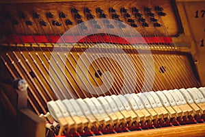 Strings of old pianoforte and hammer