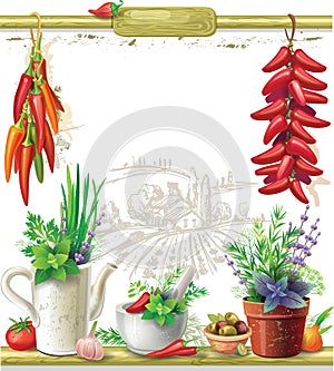 Strings of peppers and Still life