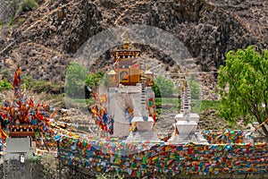 Strings of prayer flags and pagodas of Vajrayana Buddhist
