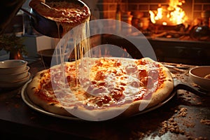 Stringy Hot pizza cheese. Generate Ai