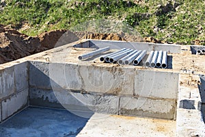 Strip foundation of a new building from concrete foundation blocks. The foundation for the construction of the walls of the house