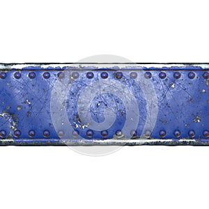 Strip of metal with rivets painted blue in the shape of a rectangle in the center on white background 3d