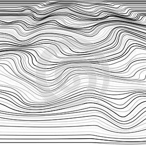 Stripe deformation background. Distorted wave monochrome texture. Abstract dynamical rippled surface from line. Vector