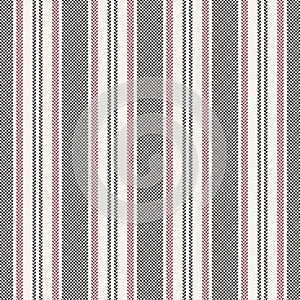 Stripe pattern with herringbone texture in black, red, off white. Seamless vertical striped vector for shirt, dress, jacket.