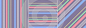 Stripe pattern vector in bright blue, pink, green, yellow, white. Seamless herringbone textured lines.