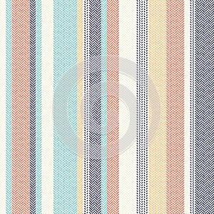 Stripe pattern vector. Multicolored textured herringbone vertical stripes in blue, tuquoise, orange, yellow, off white.