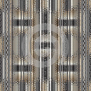 Striped abstract 3d greek key seamless borders pattern. Patterned textured vector background wallpaper.