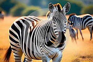 Striped African Horse in the Wild Plains of the Serengeti National Park, Africa