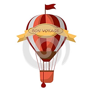 Striped air balloon with sign Bon Voyage isolated on white