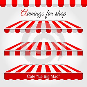 Striped Awnings for Shop in Different Forms. Red and White Awning with Sample Text photo