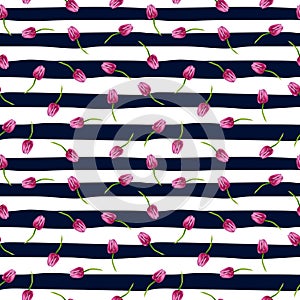 Striped background illustration with blue stripes. Illustration with blue stripes and pinl tulips