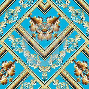 Striped baroque seamless pattern. Light blue floral background w