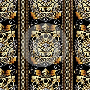 Striped Baroque seamless pattern. Vector floral background wallpaper with gold 3d vertical stripes, borders, damask