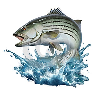 Striped bass jumping out of the water illustration isolate realism. Striped perch on the background of splashing water. photo