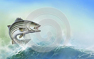 Striped bass jumping out of the water illustration isolate realism. Striped perch on the background of splashing water.