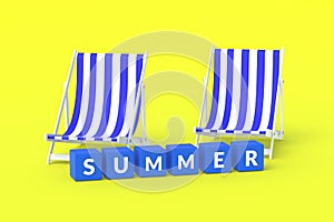 Striped beach chairs and cubes with word summer on yellow background