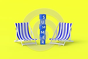 Striped beach chairs and cubes with word summer on yellow background