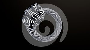 Striped black and white ring deforming. Black background. Abstract illustration, 3d rendering.