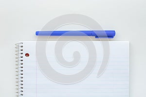 Striped blank notebook with pen. Spiral notepad and blue pen