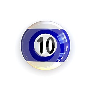 Striped Blue Pool Billiard Ball Number Ten 10 Isolated on White Background.