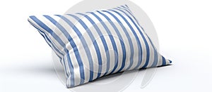 A striped blue and white pillow sits on a white couch for comfort
