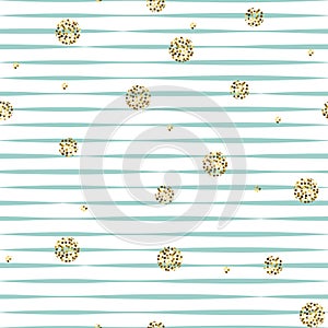 Striped blue and white seamless pattern with golden shimmer polka dots.