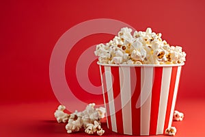 Striped box with popcorn. Paper striped bucket with popcorn. Striped box with popcorn on red background. Spilled popcorn on a red