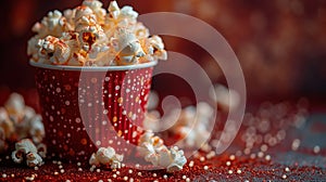 Striped box with popcorn on red background. With copy space