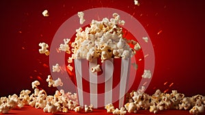 Striped box with popcorn on red background. Neural network AI generated