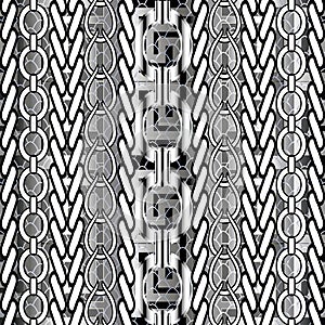 Striped braided greek vector seamless pattern. Ornamental abstract geometric grid lattice background. Textured black white