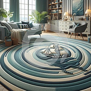 Striped carpet in shades of teal and navy perfect for a nautica