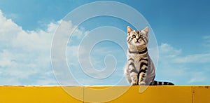 A striped cat sits on the yellow wall, blue sky background