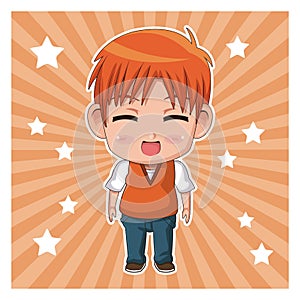 Striped color background with stars and cute anime tennager facial expression laugther with eyes closed
