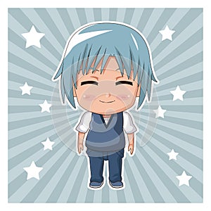 Striped color background with stars and cute anime tennager facial expression smile with eyes closed