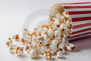 Striped container spills fresh popcorn against a white background photo