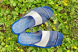 Striped denim slippers