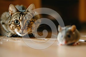Striped domestic cat hunting to mouse on floor, portrait of young kitty before pounce, face of cute pet playing at home. Concept