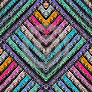 Striped embroidery 3d geometric seamless pattern. Vector abstract geometrical grunge background. Colorful tapestry