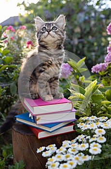 striped fluffy domestic kitten sits on a stack of multi-colored several books in the garden among the flowers