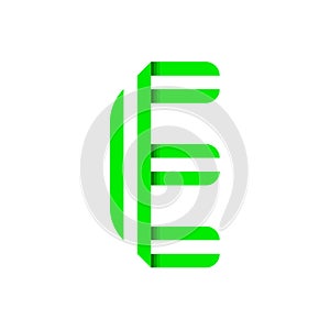 Striped font, modern trendy alphabet, letter E folded from green paper tape