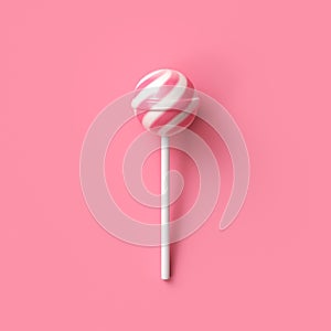 Striped fruit pink and white lollipop on stick on pink background