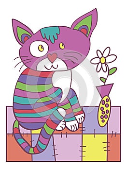 Striped funny cat on the rug illustration