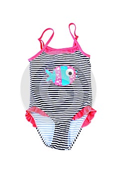 Striped fused kids swimsuit. on white. photo