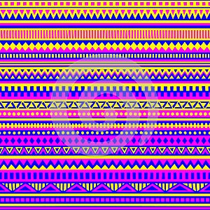 Striped geometric seamless pattern. Ethnic and tribal motifs. Violet, blue and yellow shades. Vector illustration