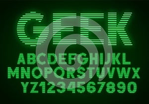 Striped glowing letters and numbers on dark background. Retro green front.