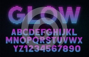 Striped glowing letters and numbers on dark background. Retro pink-blue front.