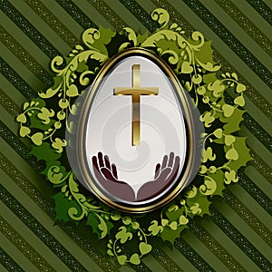 Striped green background with easter egg and wreath of leaves